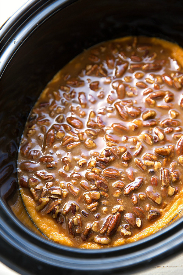A delicious sweet potato casserole with pecans all made in the slow cooker.