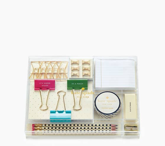 It includes 3 pencils, 3 binder clips, 6 bow push pins, 6 bow paper clips, 1 roll of paper tape, 1 eraser, 1 pencil sharpener, and 1 sticky note pad. Get it here ($40).