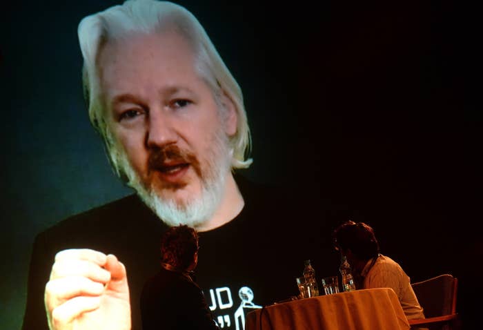 Julian Assange, pictured speaking to a conference by videolink from the Ecuadorian embassy in London in October 2015.