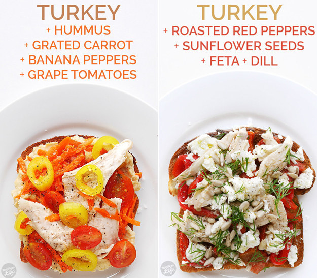 These leftover turkey toasts — some healthy, some admittedly less so —are a great way to make the leftover meat from your holiday feast feel like something fresh and new. A lot of them would also work with chicken, ham, roast beef, or whatever it is you're having.