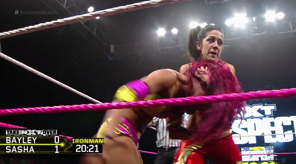 30-minute Ironman Match for the NXT Women's ChampionshipWinner: BayleyIn the follow-up to their spectacular match at NXT Takeover: Brooklyn, Sasha Banks and Bayley battled it out in the first-ever 30-minute female Ironman match. This match also made history, having two women headlining the main event for a WWE pay-per-view for the first time ever. What began as a friendly one-on-one match quickly turned into a vicious battle. Sasha Banks turned up her heelish tactics, ramming Bayley onto the large LCD screen and making Bayley superfan Izzy cry in the front row. It was awesome.