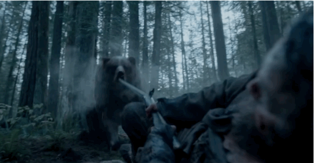 Hugh Glass (Leonardo DiCaprio), the frontiersman guide for a fur-trapping expedition in the 1820s, is so viciously attacked by a grizzly bear that his compatriots ultimately choose to leave him for dead to save their own skin. But it’s one thing to know a guy is going to get attacked by a grizzly bear, and it’s another thing to watch Glass get mauled, bitten, and battered in a staggering, agonizing single take.