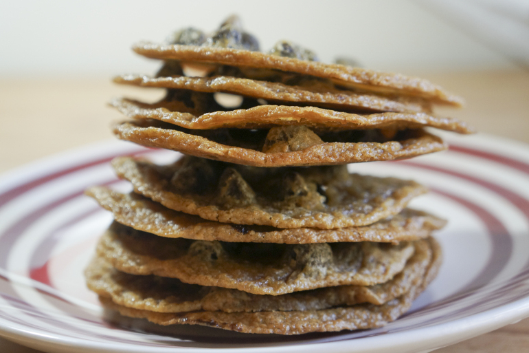 The trick to getting a thin, crispy chocolate chip cookie is freezing them. Bonus: they last forever (okay, not forever, but for a really long time). Recipe here.
