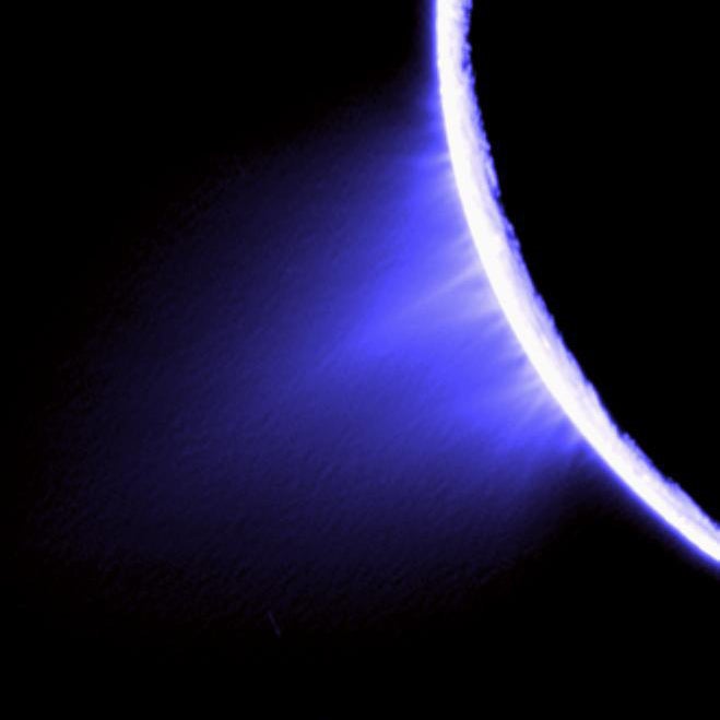 False-colour image of water-vapour jets on the surface of Enceladus.