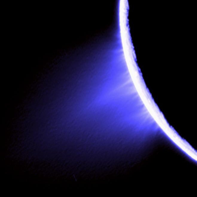 False-colour image of water-vapour jets on the surface of Enceladus.