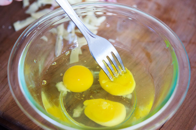 Before you whisk the eggs, pierce the yolks with a fork; this makes it much easier to blend everything together.