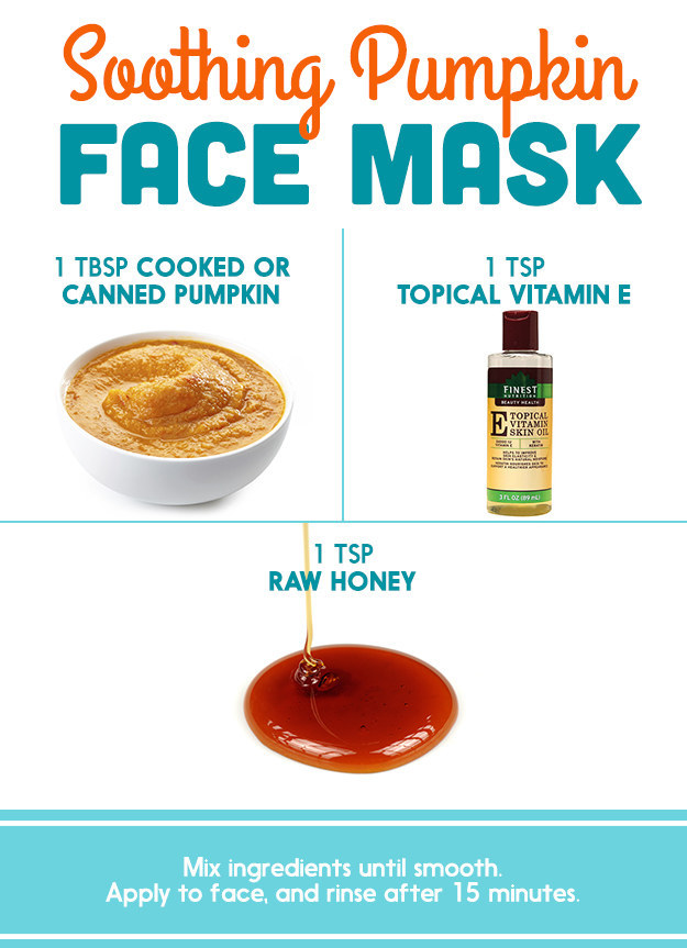 Common claims: This mask soothes and prevents acne, reduces pore size, fades sun spots and age spots, controls excess oil, and contains enzymes that exfoliate dead skin cells. (Some recipes also contain yogurt or milk). What the experts say: Mostly these are true. But, the mask doesn't fade sun spots and age spots because it has any inherent bleaching properties — instead, the pumpkin can (like the fruit in earlier recipes) gently exfoliate the skin, which could fade those spots with repeated use of the mask over time. Day also says to use a vtamin E made for topical use, not vitamin E from a capsule as some websites suggest (here's a bottle for $9.99). What the ingredients do: • Vitamin E can help moisturize your skin (and won't clog your pores). • Honey can make your skin moist and soft, and can help break apart excess sebum. • Pumpkin can be lightly exfoliating, and be somewhat antibacterial (which can prevent acne).