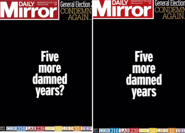 Total retweets: 1,209.For weeks the media was convinced that the General Election result would be the closest in many years, but the exit poll on the 7th May predicted the complete opposite, a comfortable Conservative majority. The two front pages of the Daily Mirror reflects this. The page on the left at 10.30pm on election night shows the surprise result of the exit poll, the front page one on the right four hours later when the prediction seemed right.