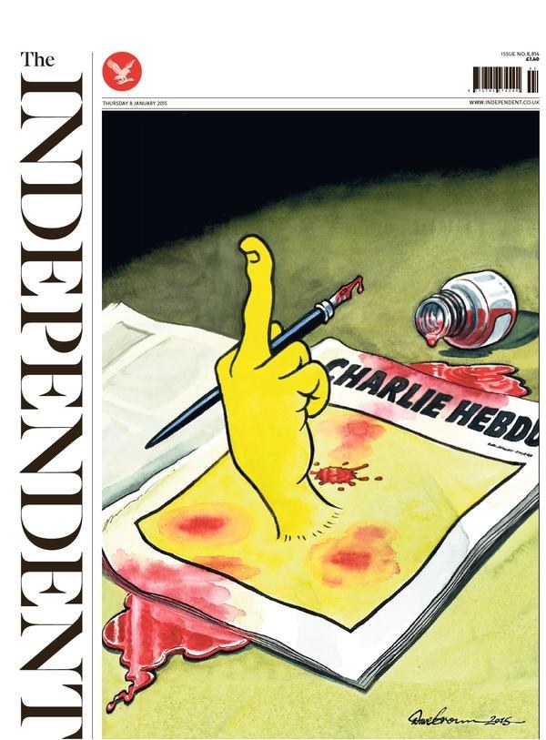 Total retweets: 1365.The Charlie Hebdo terrorism attacks in Paris in January, resulting in the deaths of 11 people, provoked outrage throughout the world. This front page cartoon by Dave Brown published the following day was widely shared on social media.