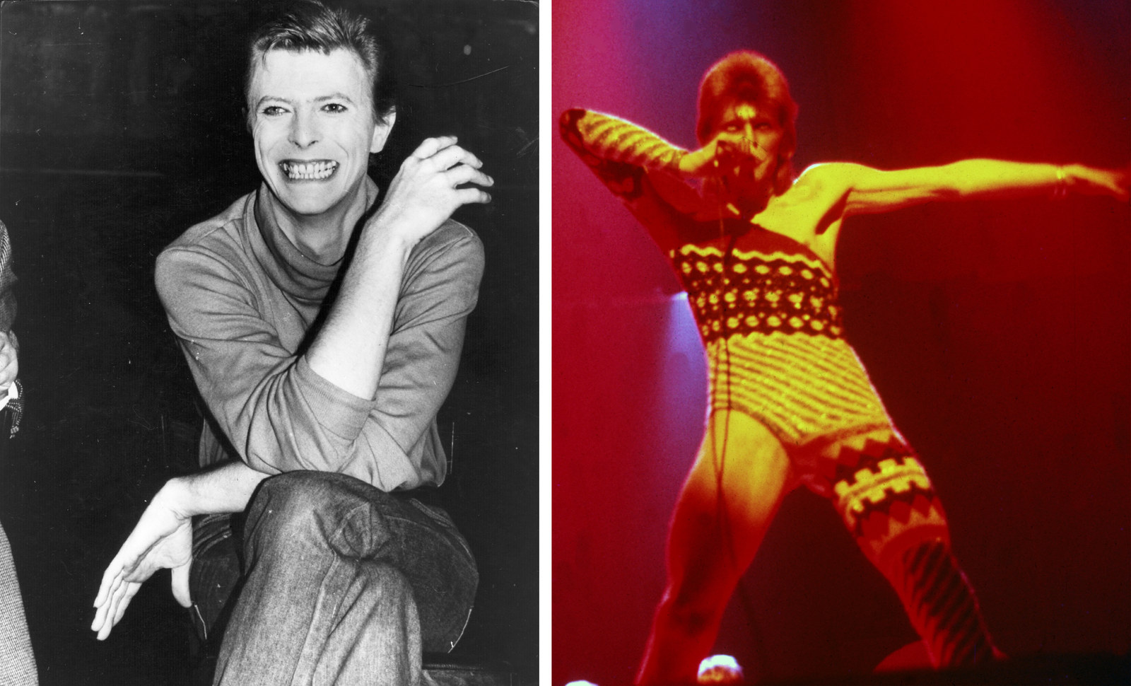 LINKS: Bowie im Jahr 1980 während Arbeiten an einem Broadway Musical über John Merrick, den Elephant Man. RECHTS: Bowie im Jahr 1973 während eines Konzerts.