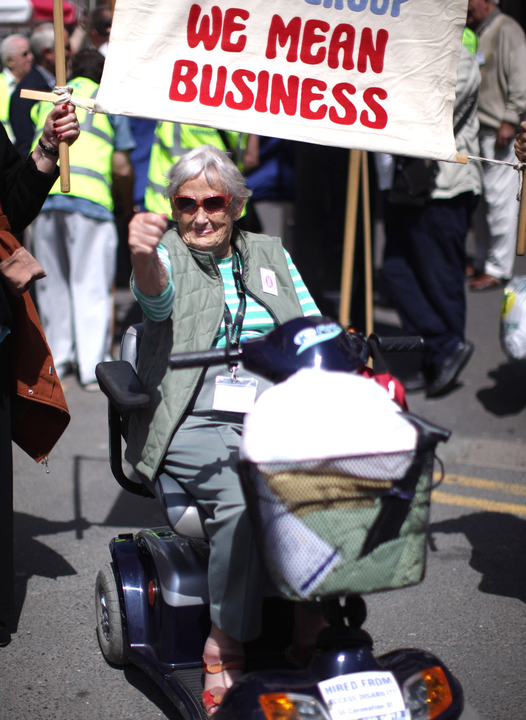An 89-year-old takes part in a protest in Blackpool.