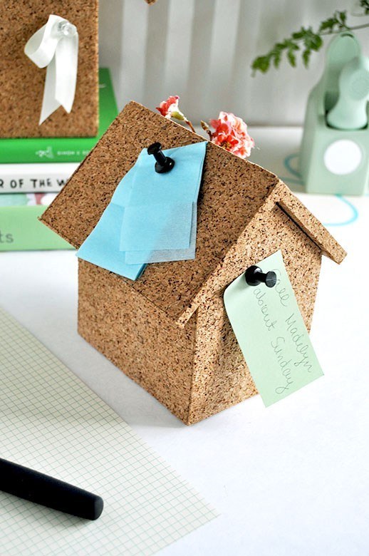 Use plain cork board to create an adorable note house.