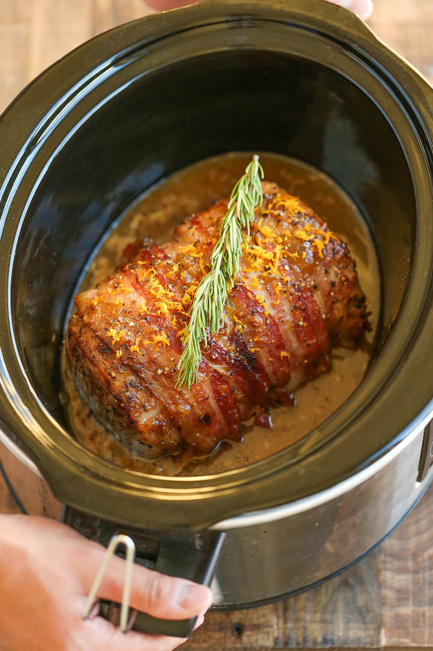 Anything bacon-wrapped, like this pork loin, is perfect in the ol' cooker.