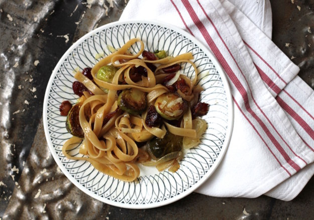 Fettuccine with Brussels Sprouts, Cranberries, and Caramelized Onion