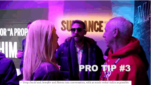 "Drop David and Jennifer and Sienna into conversation, with as much verbal italics as possible."
