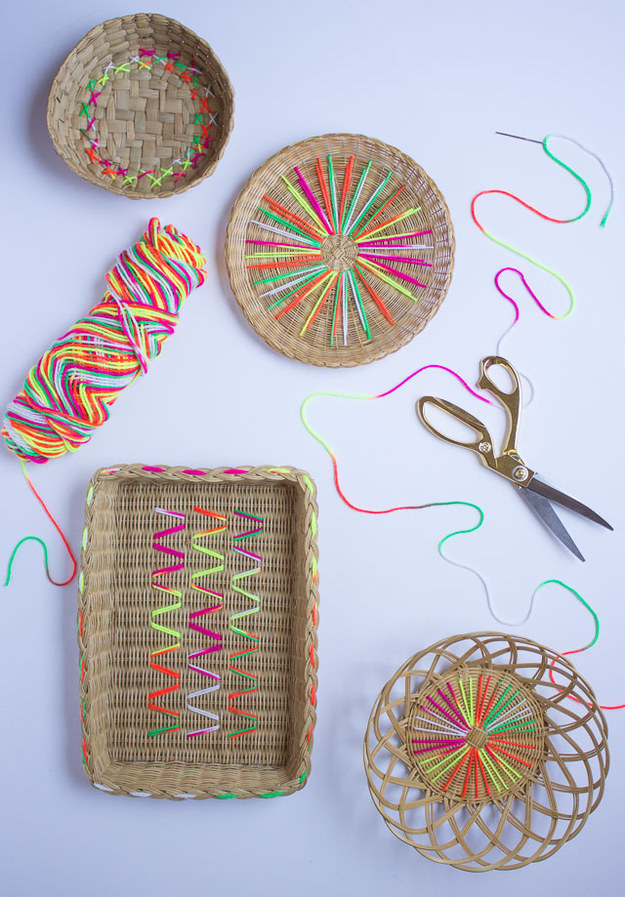 Give plain wicker bowls and plates a serious upgrade with some simple stitches.