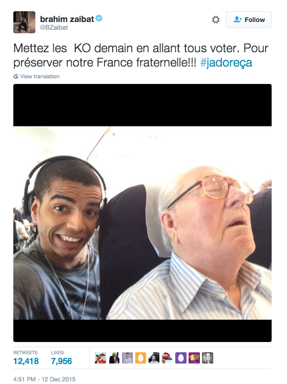 Le 12 décembre 2015, à la veille du second tour des élections régionales, Brahim Zaibat a posté sur ses comptes Twitter et Instagram un selfie de lui et de Jean-Marie Le Pen endormi, qui se trouvait dans le même avion.