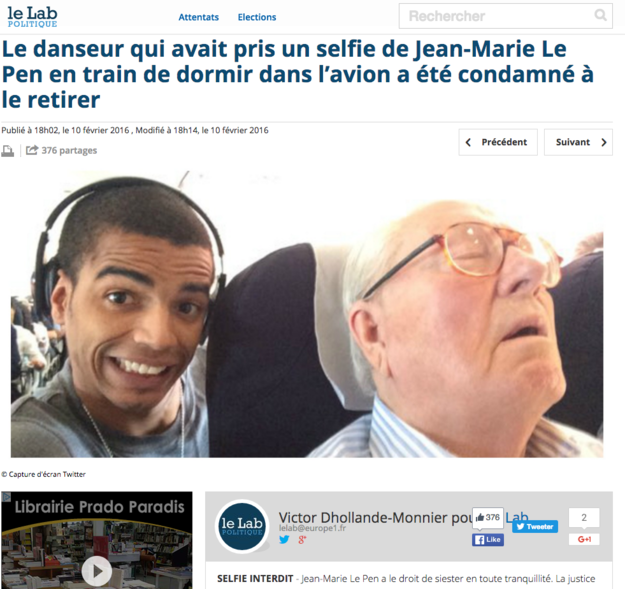 Mécontent, l'homme politique a porté plainte contre le danseur. Mercredi 10 février, la justice a ordonné à Brahim Zaibat de retirer le selfie et l'a condamné à verser à Jean-Marie Le Pen un euro, ainsi que 3.000 euros pour les frais de justice.