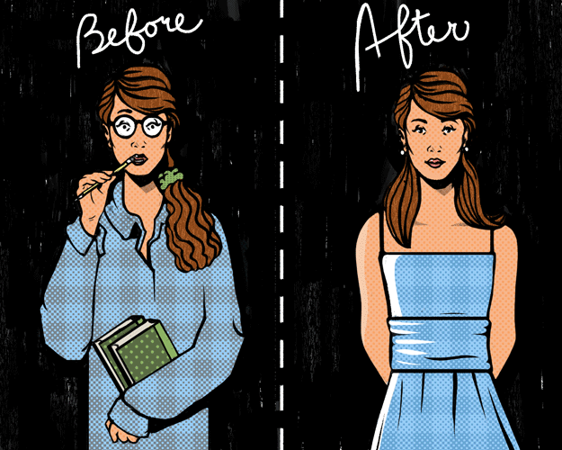 The nerdy girl MUST get a makeover before she’s considered even remotely valuable. NO GLASSES! EVER!