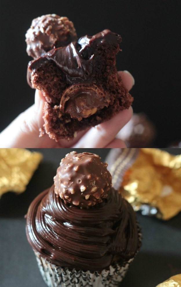 Ferrero Rocher Stuffed Chocolate Cupcakes with Chocolate Ganache Frosting