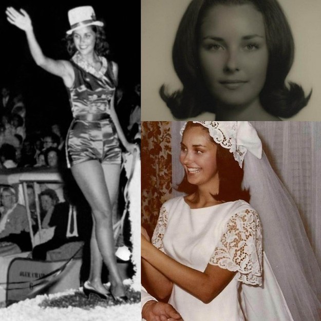 A woman in old photographs from a pageant and her wedding from years ago