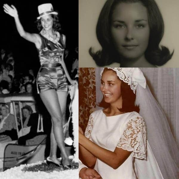 A woman in old photographs from a pageant and her wedding from years ago