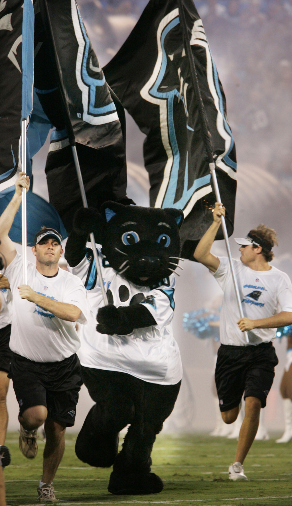 Sir Purr, the Carolina Panthers' mascot leads the Harris YMCA flag