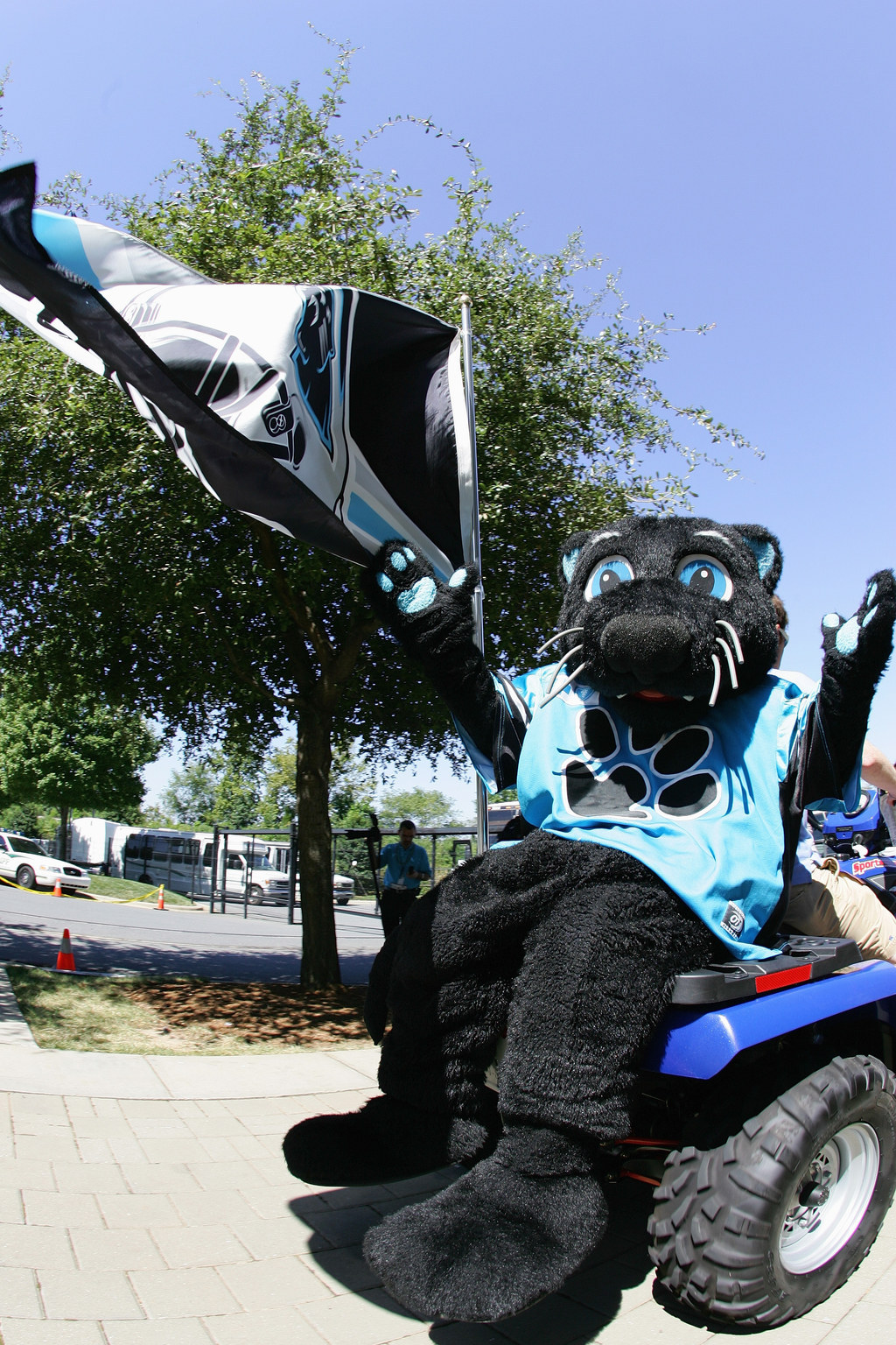 Sir Purr, the Carolina Panthers' mascot leads the Harris YMCA flag