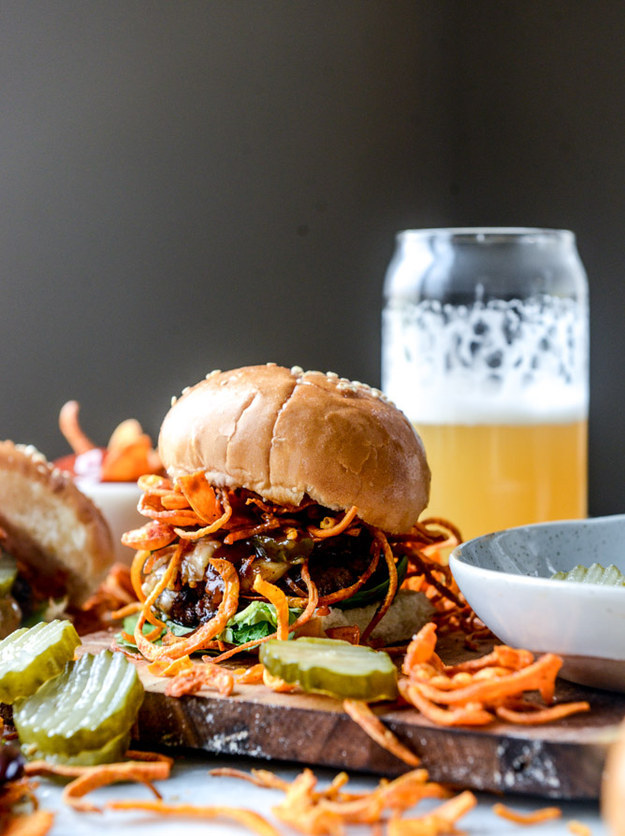 BBQ Havarti Burger with Sweet Potato Curly Fries