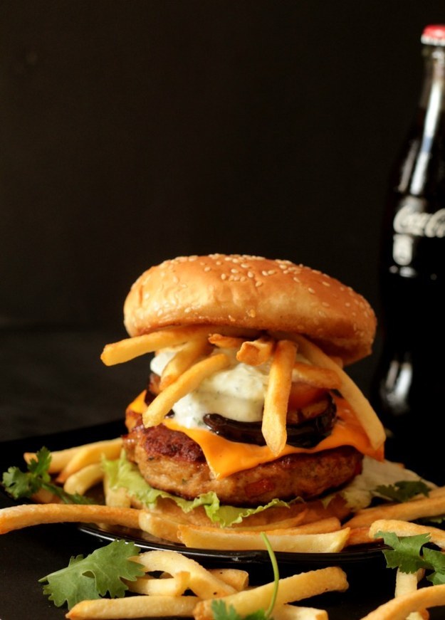 Juicy Chicken Burger with Fried Eggplant & Creamy Yogurt Dressing