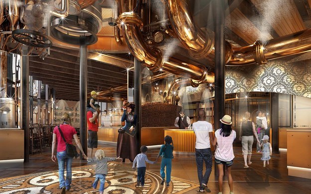 Le restaurant «vous transportera dans une chocolaterie de style Steampunk inspirée du XIXe siècle» comprenant «d'immenses colonnes de fumée, des gadgets excentriques, et un personnel portant des vêtements Steampunk uniques», d'après le blog d'Universal.