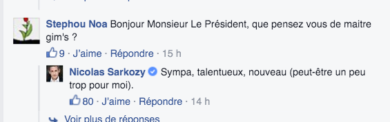 Mais LA révélation de cette session questions/réponses c'est que Nicolas Sarkozy trouve «sympa» et «talentueux» Maître Gims.