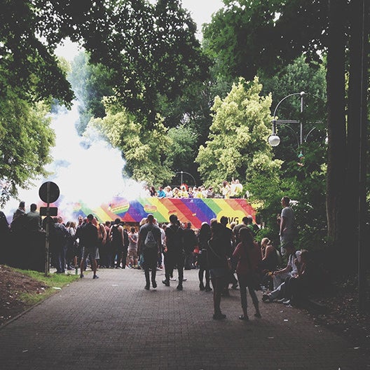 A view of a gay pride parade from Berlin&#x27;s Tiergarten Park.