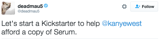 Deadmau5 then mockingly tweeted that the internet should start raising funds so that West could legally purchase a copy of the software.