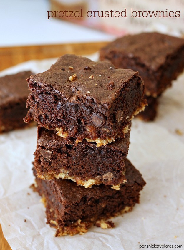 Fudgy brownies with a secret layer of pretzel on the bottom: