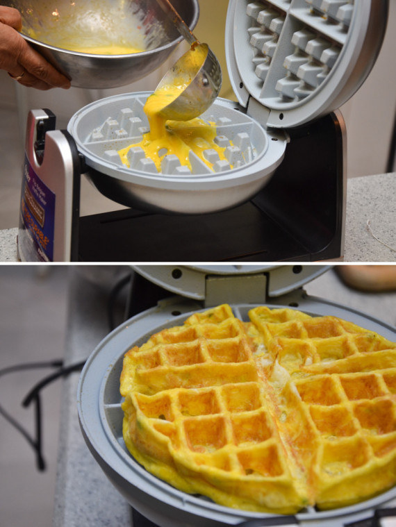 Toss eggs in a waffle maker: