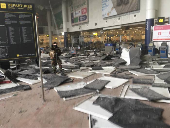 A photo of the scene at Brussels Airport in Zaventem, Belgium, following explosions.