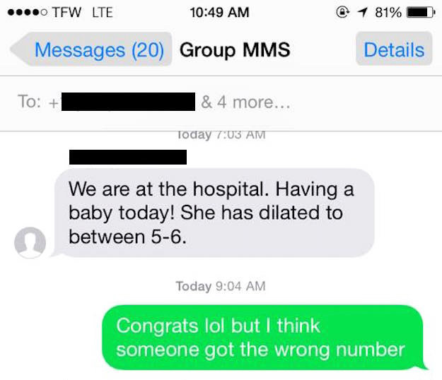 He then realized that he didn't recognize any of the numbers on the thread. So he sent a polite text telling the group they had the wrong number.