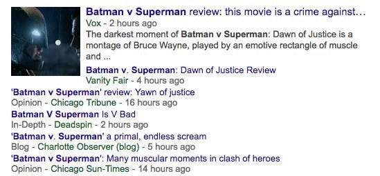 Here are some headlines of reviews for Batman V Superman: Dawn Of Justice: