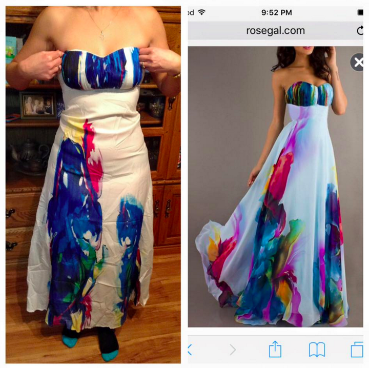A woman who bought the dress from RoseGal posted what she received in the Facebook group "Knock Off Nightmares"
