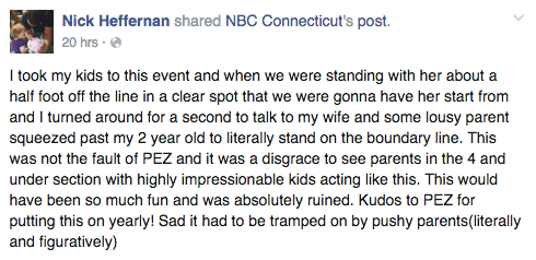People described a chaotic scene on Facebook where toddlers were squeezed out of their place at the event by pushy parents.