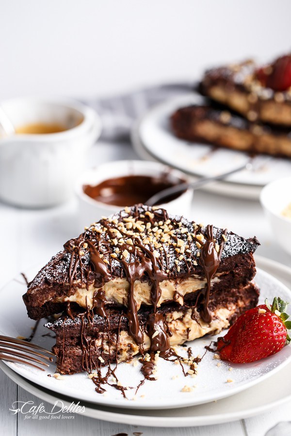 Peanut Butter Cheesecake Stuffed Chocolate Brownie French Toasts