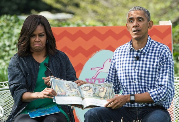 Barack and Michelle animatedly read Where The Wild Things Are to kids on Easter. March, 2016.