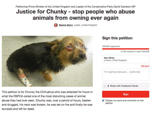 After reading about Chunky's ordeal, Maxine Berry, from Leeds, was shocked. She felt the punishment had not been harsh enough, and created a petition on Change.org.