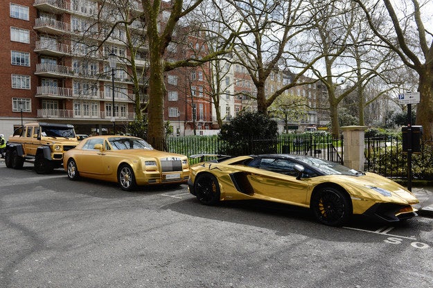 In particular, this fleet of gold supercars, seen here on Wednesday in Cadogan Place in Knightsbridge – all with parking tickets – have been turning heads.