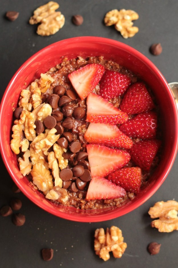 Walnut Brownie Oatmeal Bowl with Strawberries