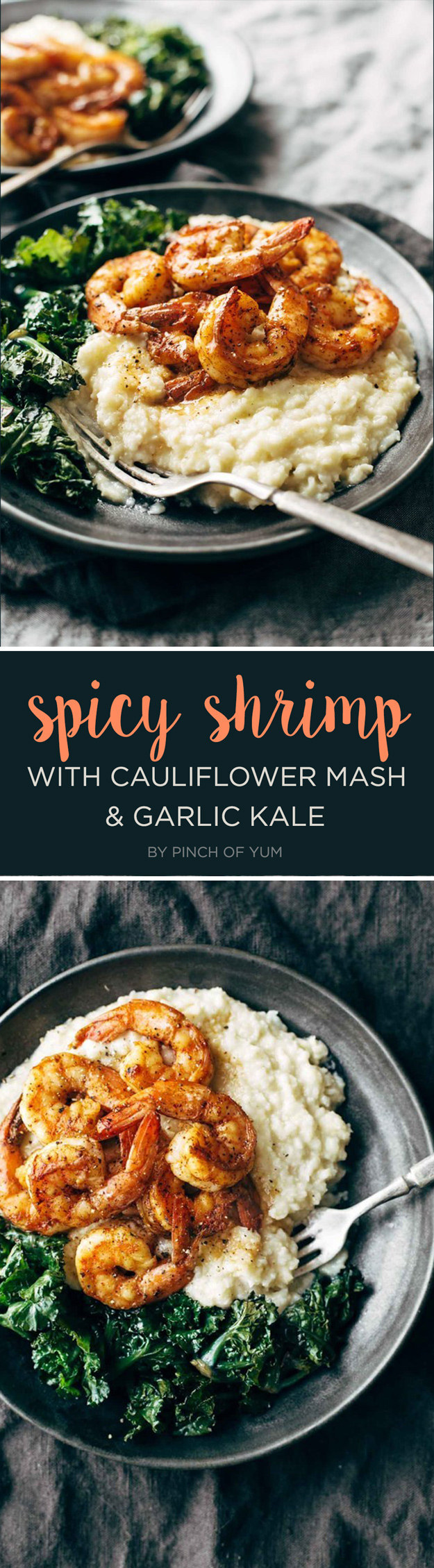 Spicy Shrimp with Cauliflower Mash and Garlic Kale