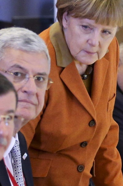 Germany&#x27;s Chancellor Angela Merkel at the summit meeting with Turkish Prime Minister Ahmet Davutoglu.