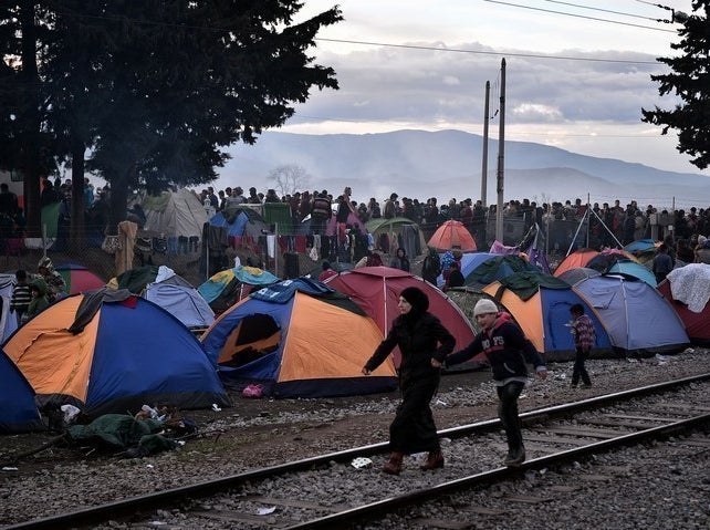 Refugees at a makeshift border camp in Greece.