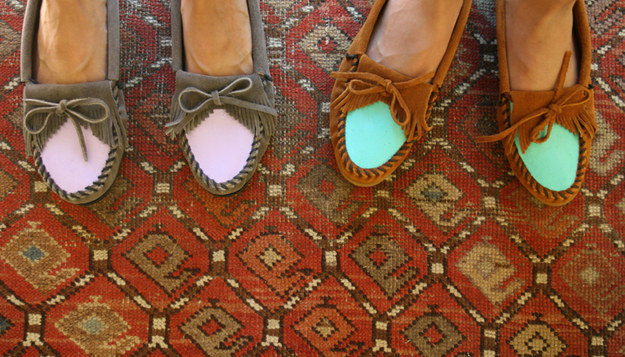 Instantly update your well-loved moccasins with some unexpected color: